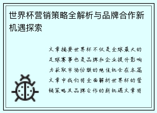 世界杯营销策略全解析与品牌合作新机遇探索